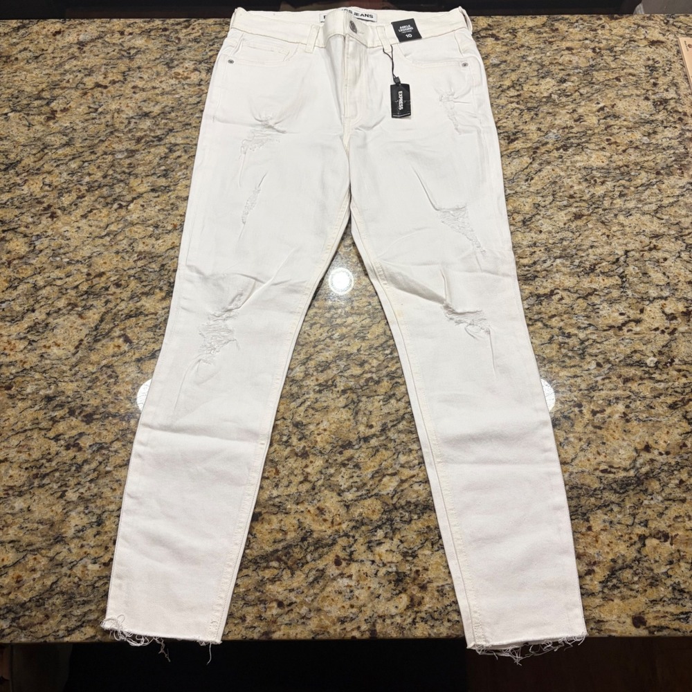 Express Jeans Womens 10 White Ankle Legging High Distressed Raw Hem Denim ws